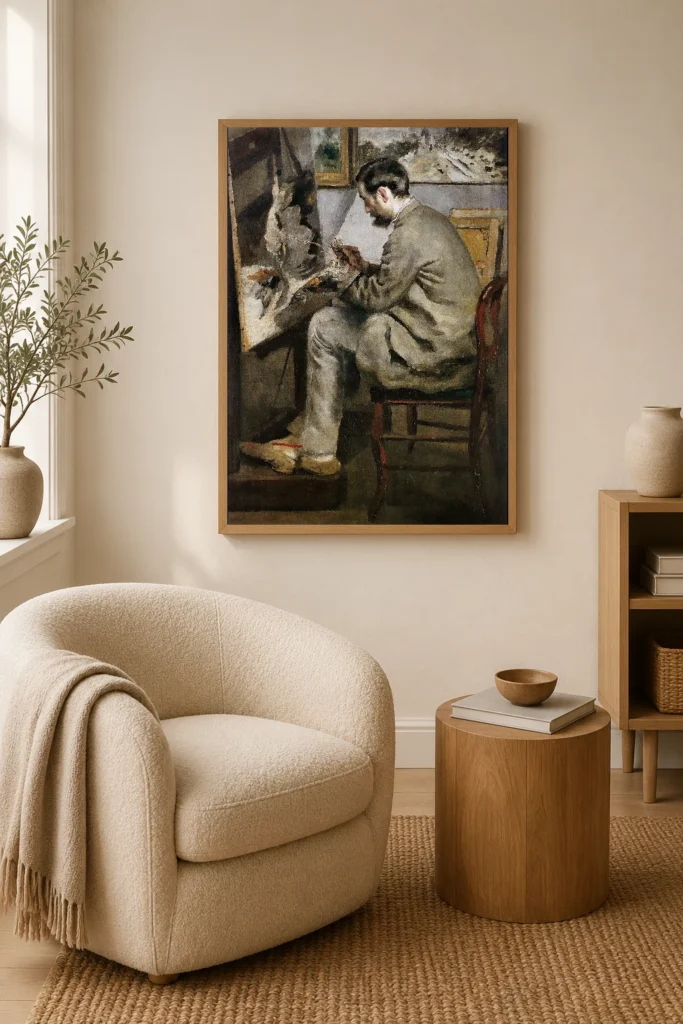 Framed print of Portrait of Frédéric Bazille Painting hanging on a wall in a furnished room
