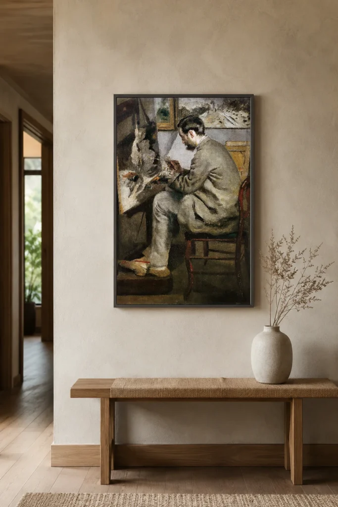 Framed print of Portrait of Frédéric Bazille Painting hanging on a wall in a furnished room