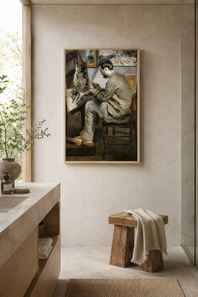 Framed print of Portrait of Frédéric Bazille Painting hanging on a wall in a furnished room
