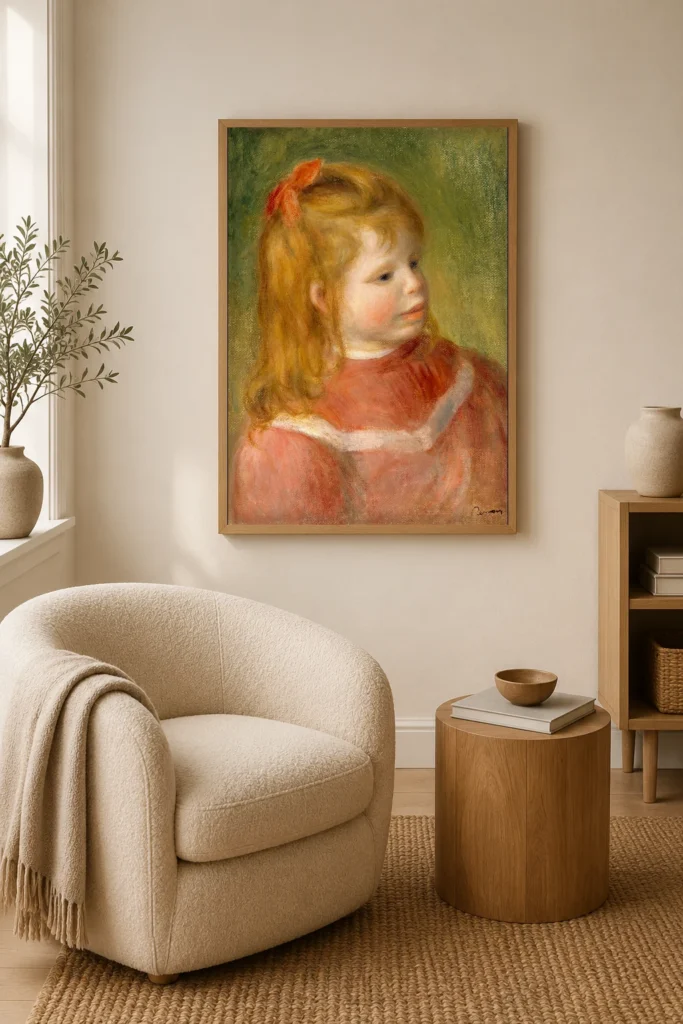 Framed print of Portrait of Jean hanging on a wall in a furnished room
