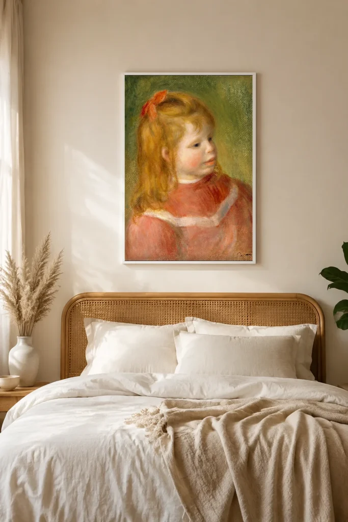 Framed print of Portrait of Jean hanging on a wall in a furnished room