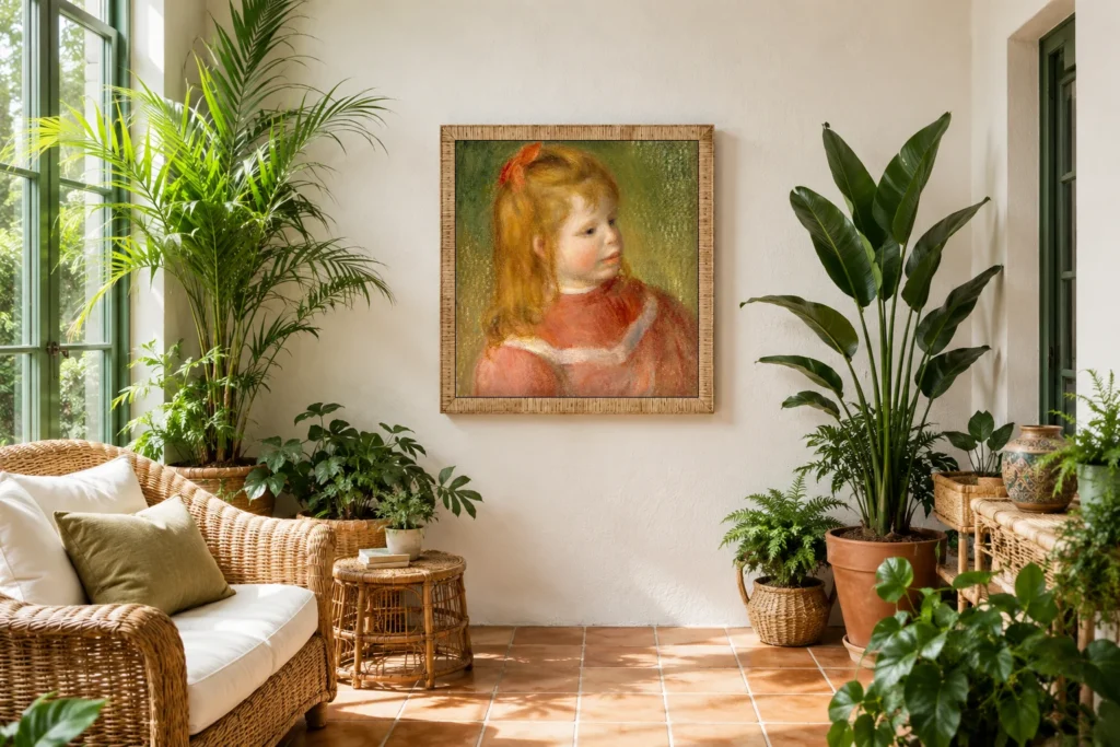 Framed print of Portrait of Jean hanging on a wall in a furnished room