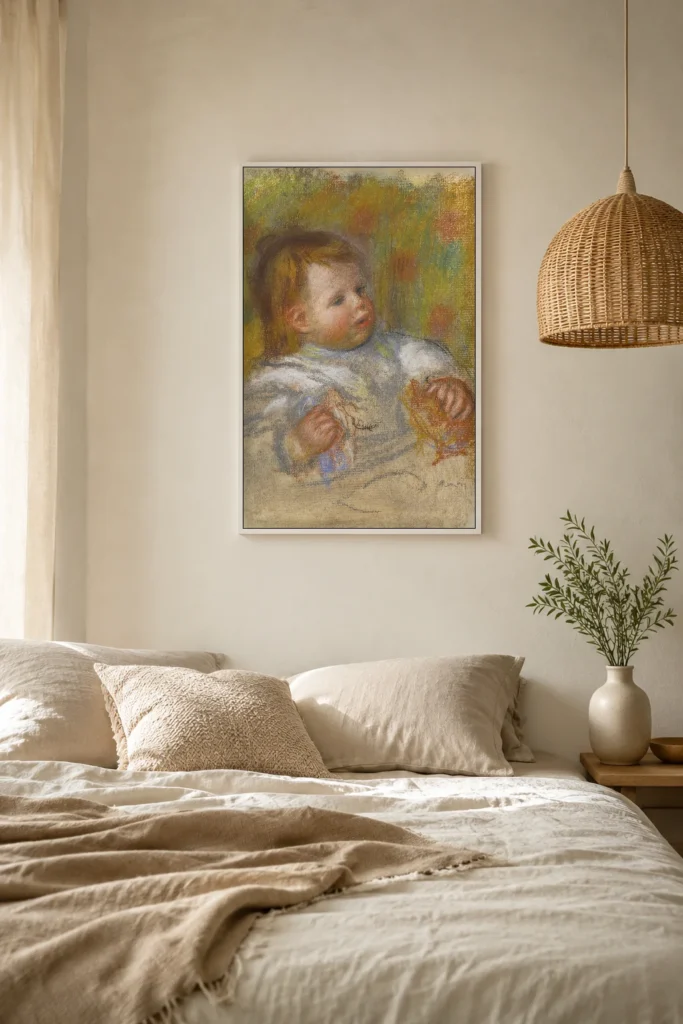 Framed print of Portrait of Jean Renoir hanging on a wall in a furnished room