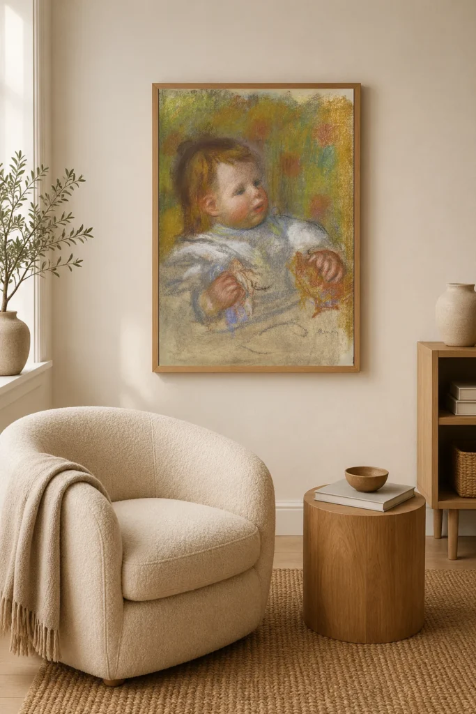 Framed print of Portrait of Jean Renoir hanging on a wall in a furnished room