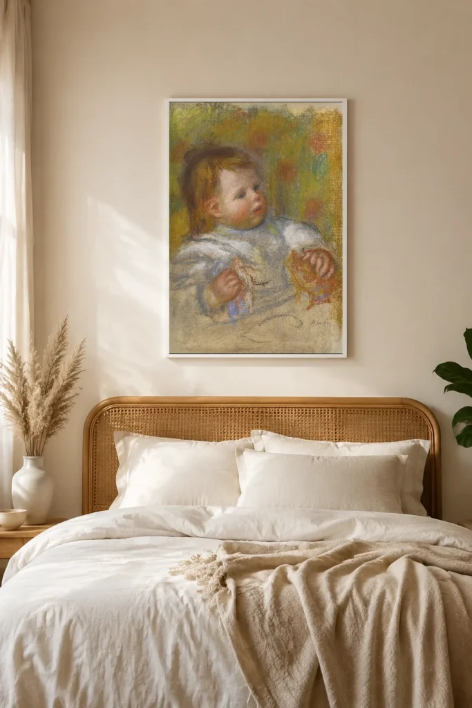 Framed print of Portrait of Jean Renoir hanging on a wall in a furnished room