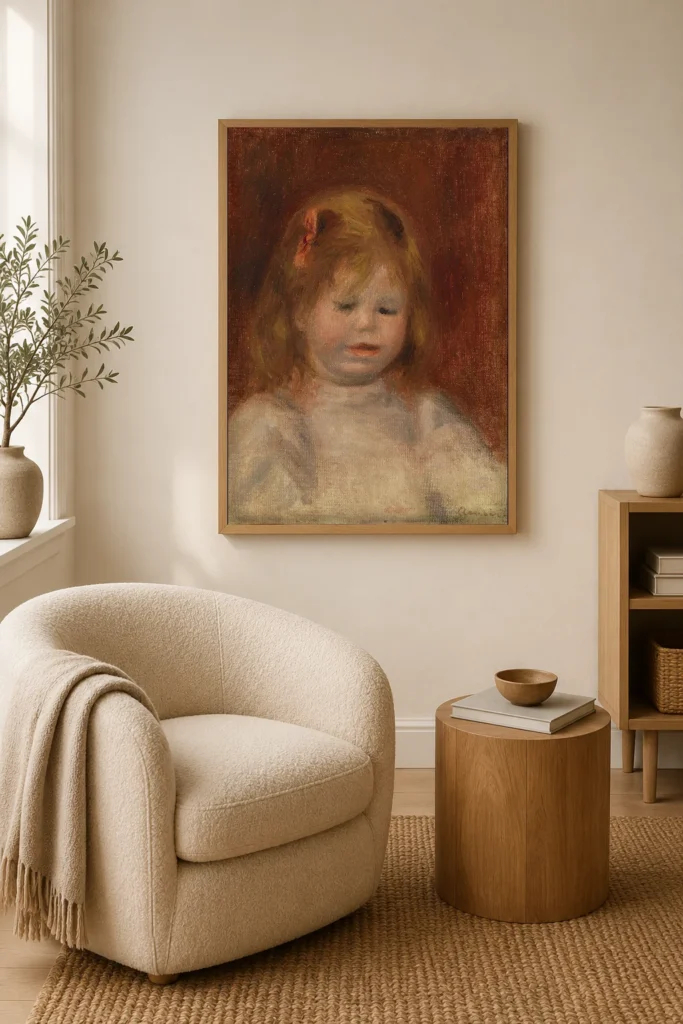 Framed print of Portrait of Jean Renoir (Portrait de Jean Renoir) hanging on a wall in a furnished room