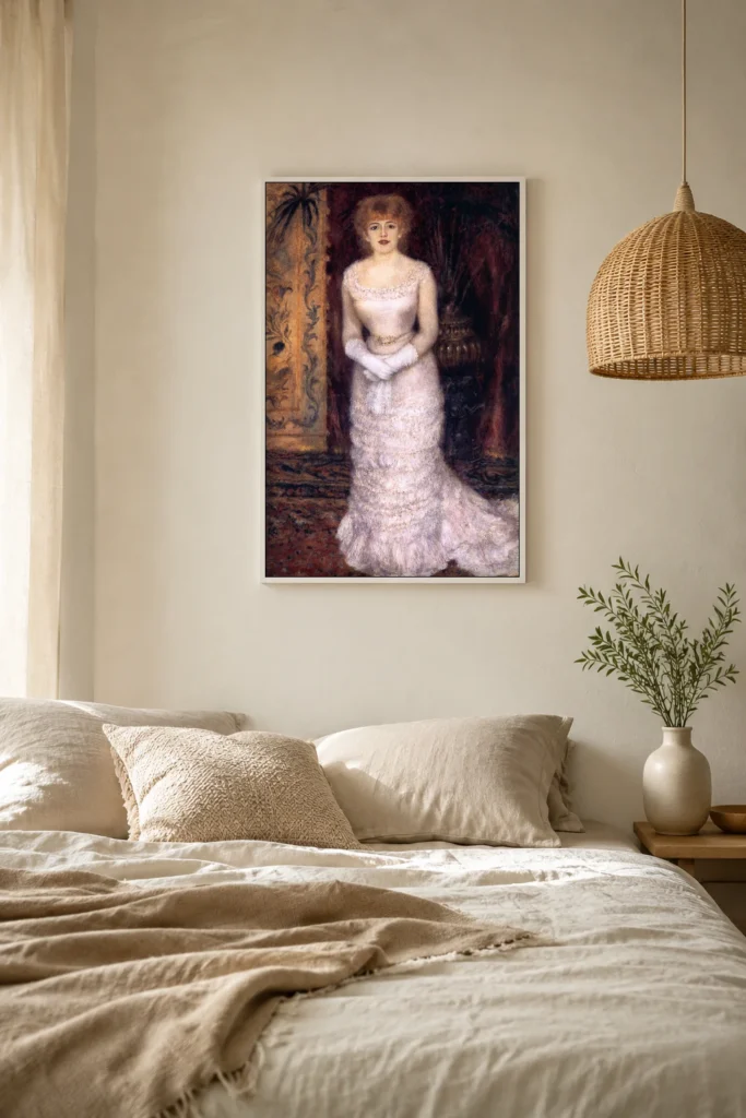 Framed print of Portrait of Jeanna Samary hanging on a wall in a furnished room