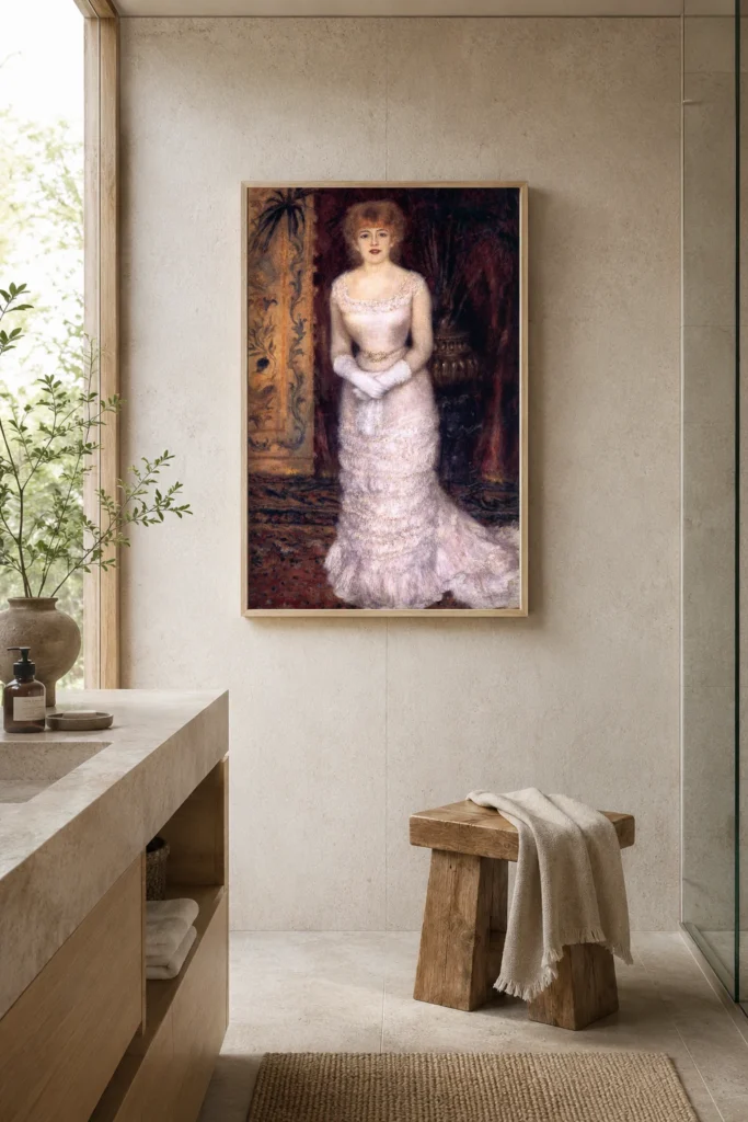 Framed print of Portrait of Jeanna Samary hanging on a wall in a furnished room