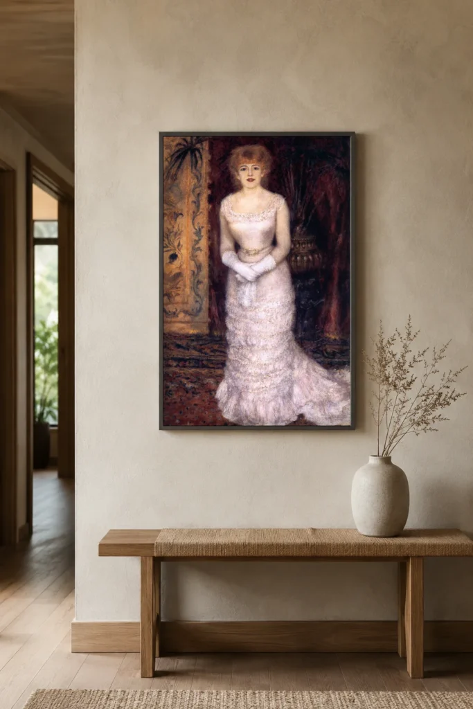 Framed print of Portrait of Jeanna Samary hanging on a wall in a furnished room