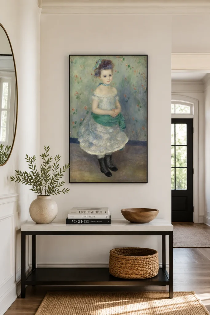 Framed print of Portrait of Jeanne Durand-Ruel (Portrait de Mlle. J.) hanging on a wall in a furnished room