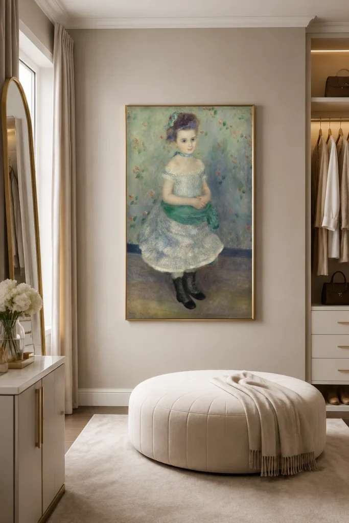 Framed print of Portrait of Jeanne Durand-Ruel (Portrait de Mlle. J.) hanging on a wall in a furnished room