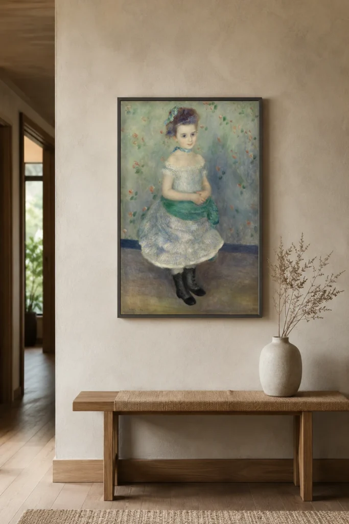 Framed print of Portrait of Jeanne Durand-Ruel (Portrait de Mlle. J.) hanging on a wall in a furnished room