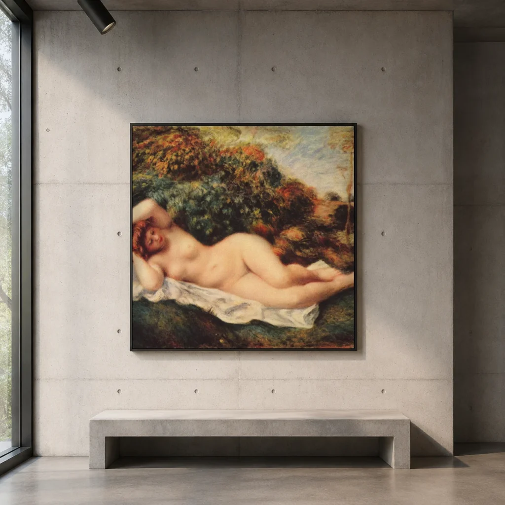Framed print of Reclining Bather hanging on a wall in a furnished room