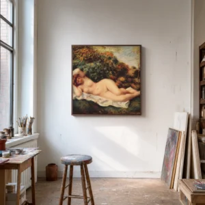 Framed print of Reclining Bather hanging on a wall in a furnished room