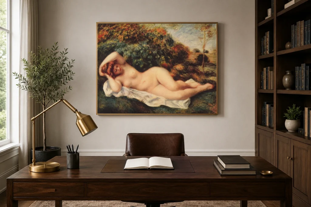 Framed print of Reclining Bather hanging on a wall in a furnished room