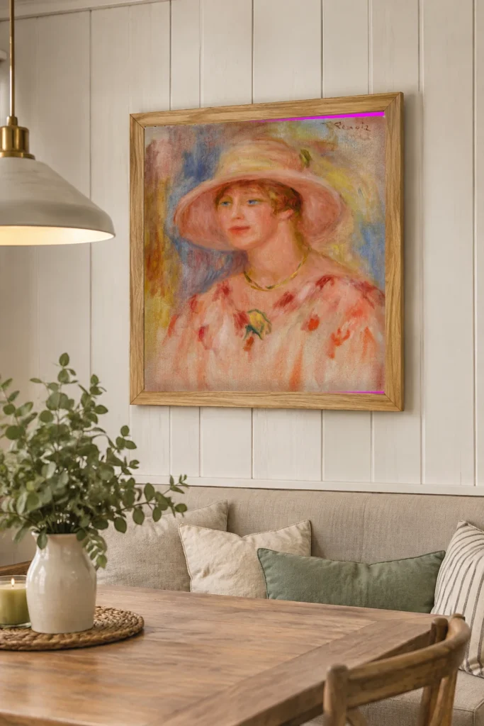 Framed print of Portrait of Lydia Audibert hanging on a wall in a furnished room