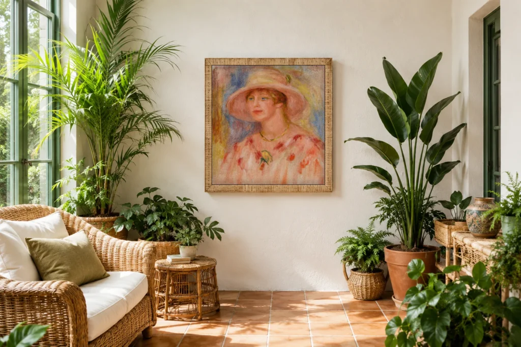 Framed print of Portrait of Lydia Audibert hanging on a wall in a furnished room