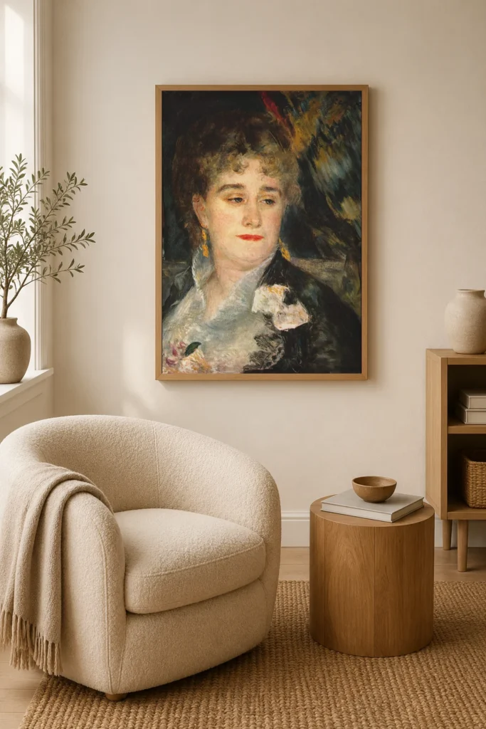 Framed print of Portrait of Madame Charpentier hanging on a wall in a furnished room
