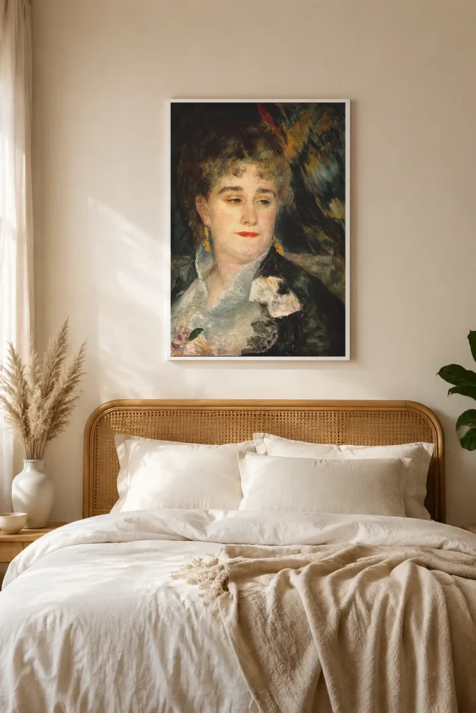 Framed print of Portrait of Madame Charpentier hanging on a wall in a furnished room