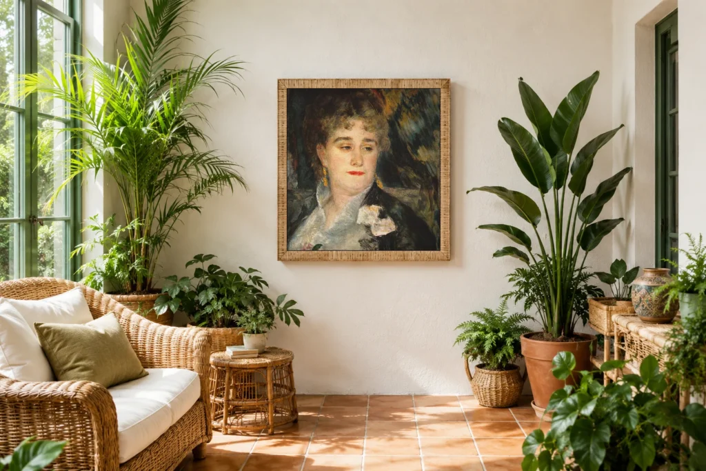 Framed print of Portrait of Madame Charpentier hanging on a wall in a furnished room