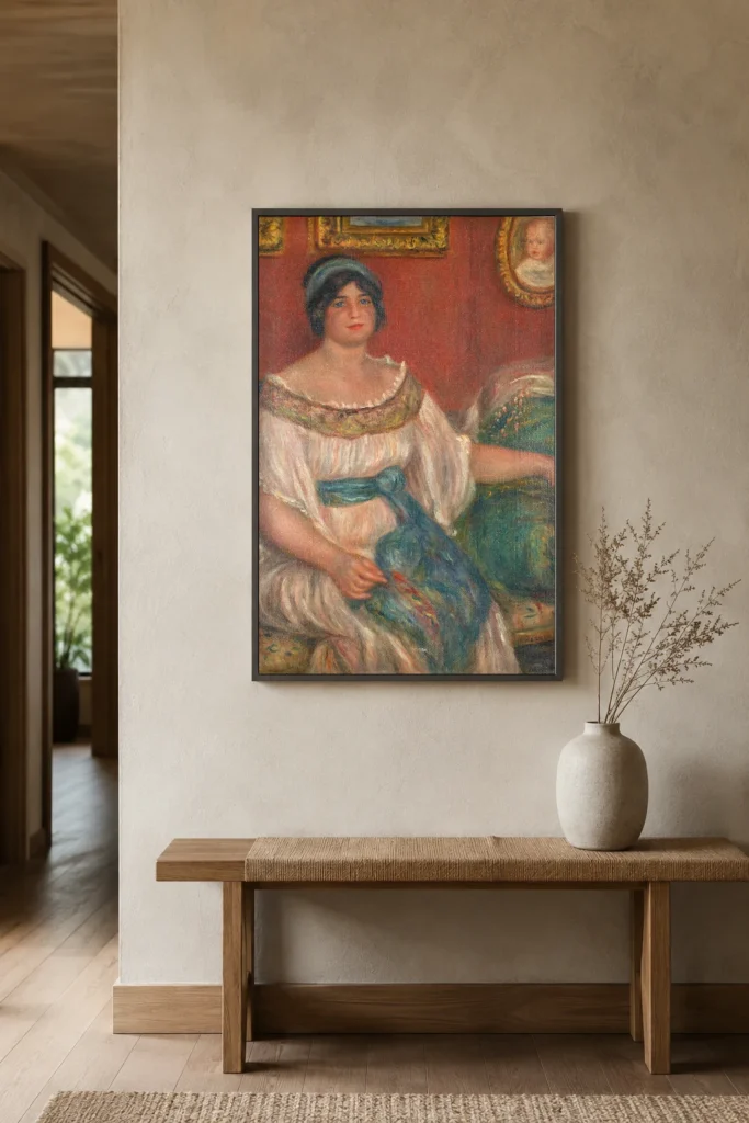 Framed print of Portrait of Madame Colonna Romano hanging on a wall in a furnished room