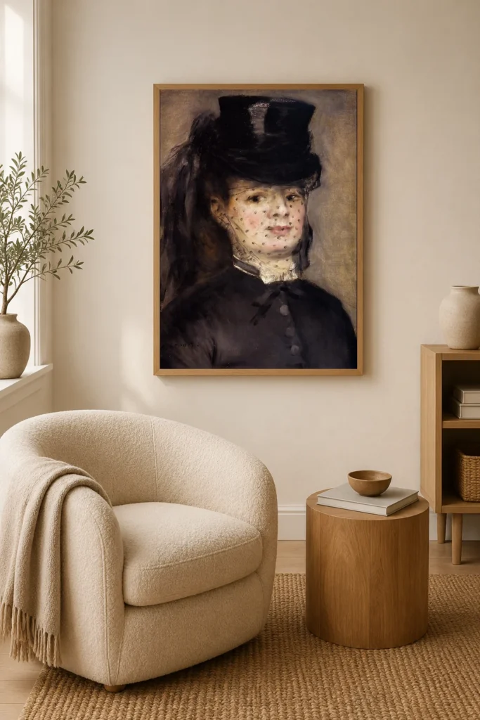 Framed print of Portrait of Madame Darras hanging on a wall in a furnished room