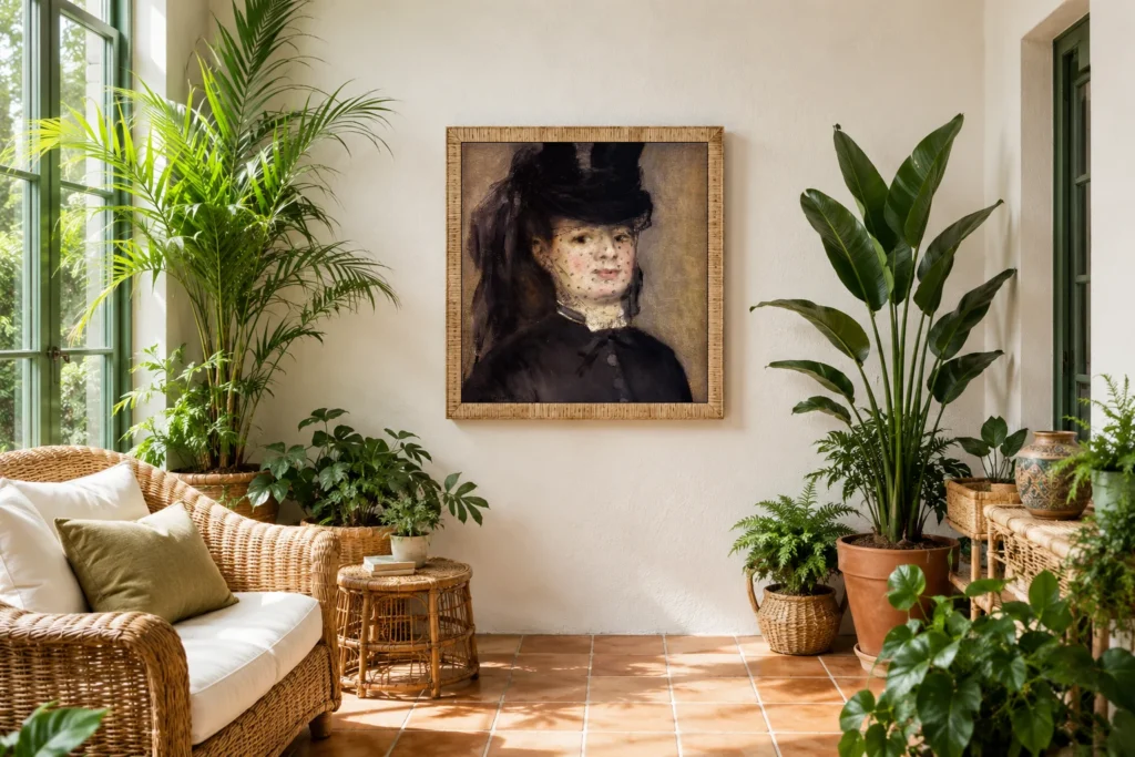 Framed print of Portrait of Madame Darras hanging on a wall in a furnished room