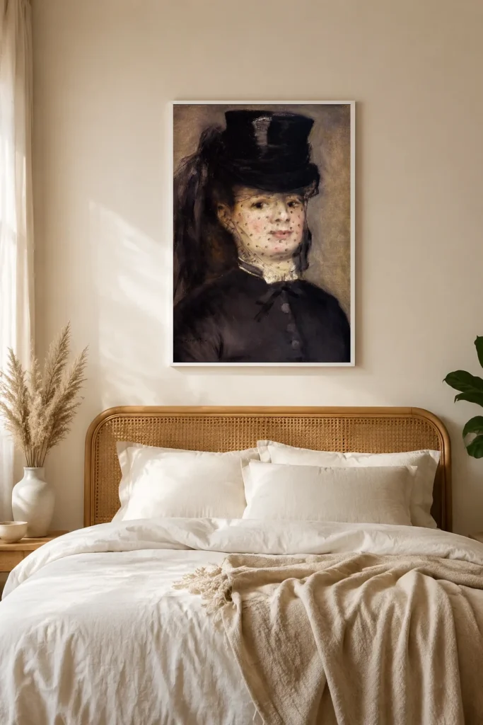 Framed print of Portrait of Madame Darras hanging on a wall in a furnished room