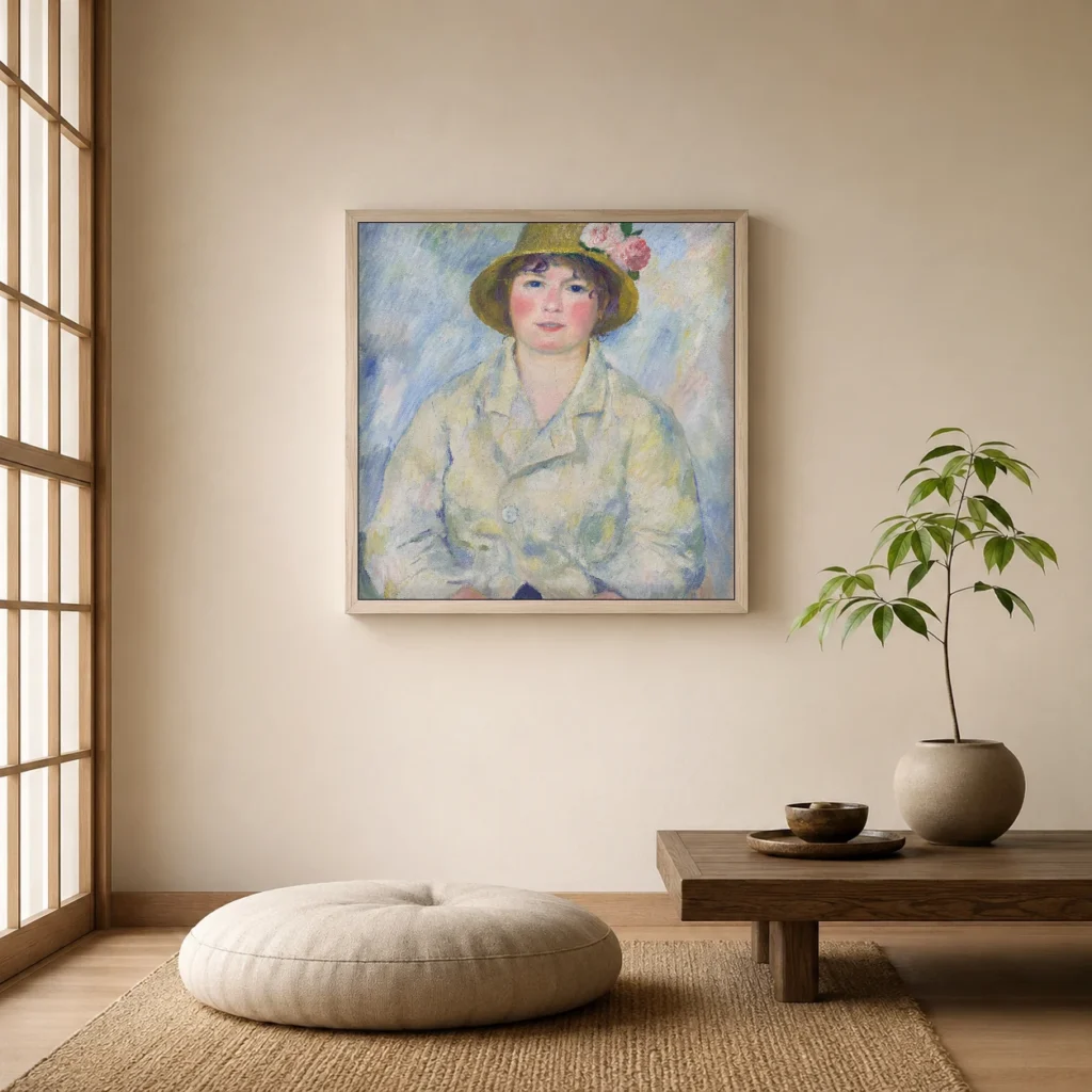 Framed print of Portrait of Madame Renoir hanging on a wall in a furnished room