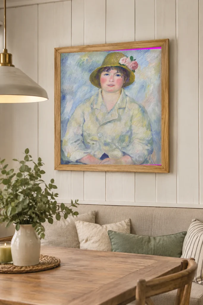 Framed print of Portrait of Madame Renoir hanging on a wall in a furnished room