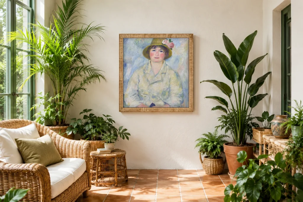 Framed print of Portrait of Madame Renoir hanging on a wall in a furnished room