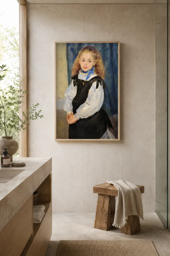 Framed print of Portrait of Mademoiselle Legrand hanging on a wall in a furnished room