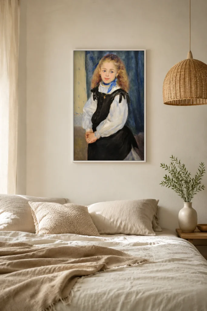Framed print of Portrait of Mademoiselle Legrand hanging on a wall in a furnished room