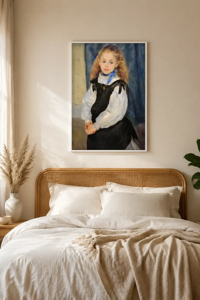Framed print of Portrait of Mademoiselle Legrand hanging on a wall in a furnished room