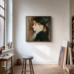 Framed print of Portrait of Margot hanging on a wall in a furnished room