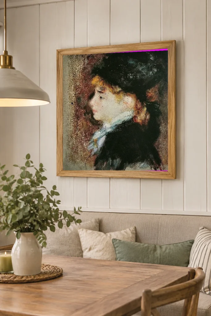 Framed print of Portrait of Margot hanging on a wall in a furnished room