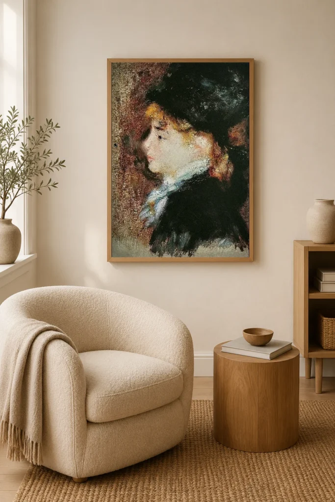 Framed print of Portrait of Margot hanging on a wall in a furnished room