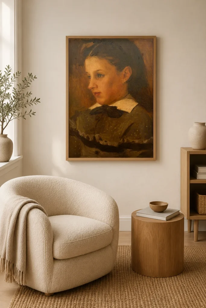 Framed print of Portrait of Marie Le Coeur hanging on a wall in a furnished room