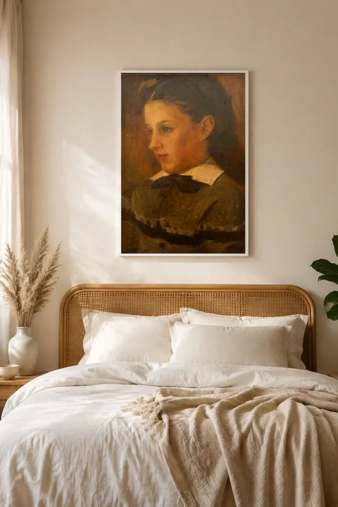 Framed print of Portrait of Marie Le Coeur hanging on a wall in a furnished room