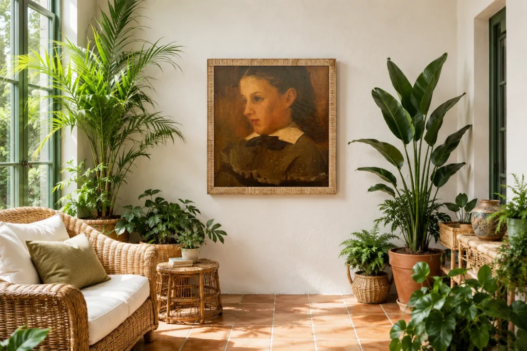 Framed print of Portrait of Marie Le Coeur hanging on a wall in a furnished room