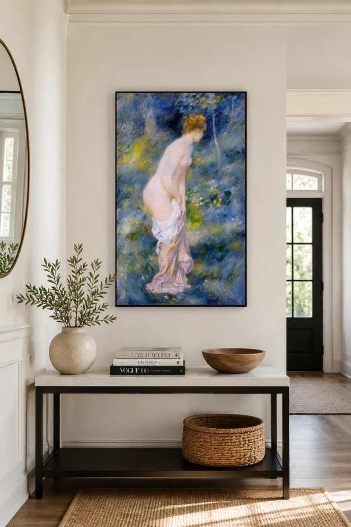 Framed print of Standing Bather, Blue Background hanging on a wall in a furnished room