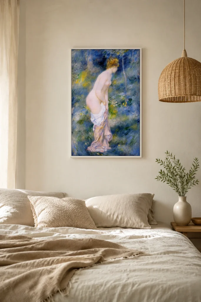 Framed print of Standing Bather, Blue Background hanging on a wall in a furnished room
