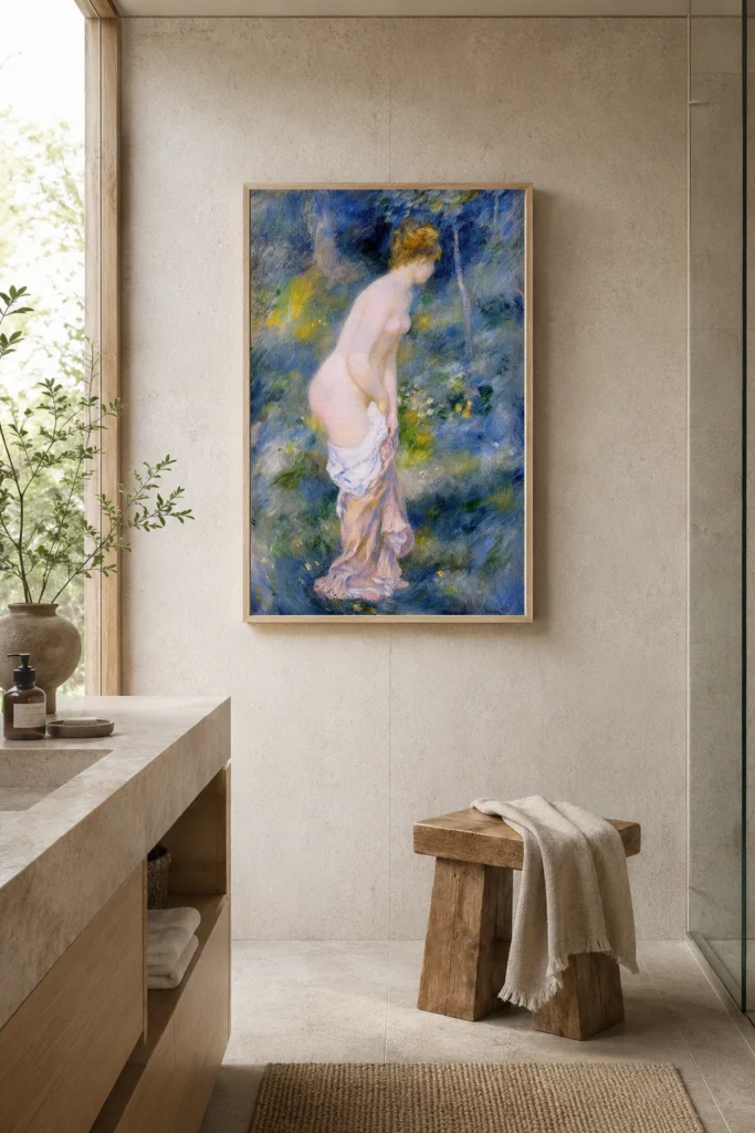 Framed print of Standing Bather, Blue Background hanging on a wall in a furnished room