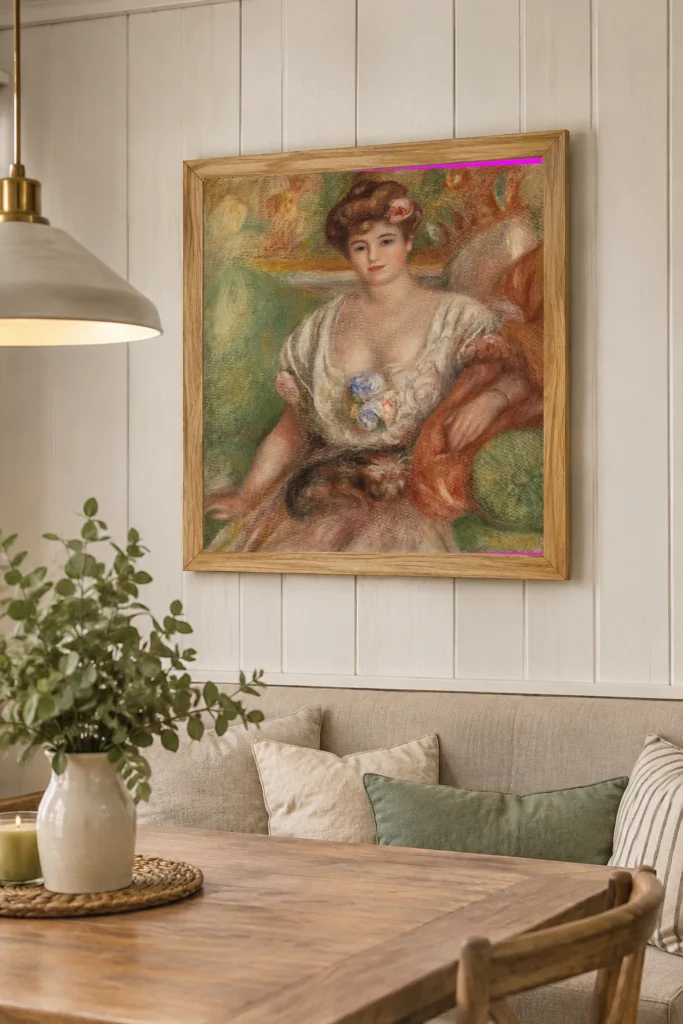 Framed print of Portrait of Misia Sert (Jeune femme au griffon) hanging on a wall in a furnished room
