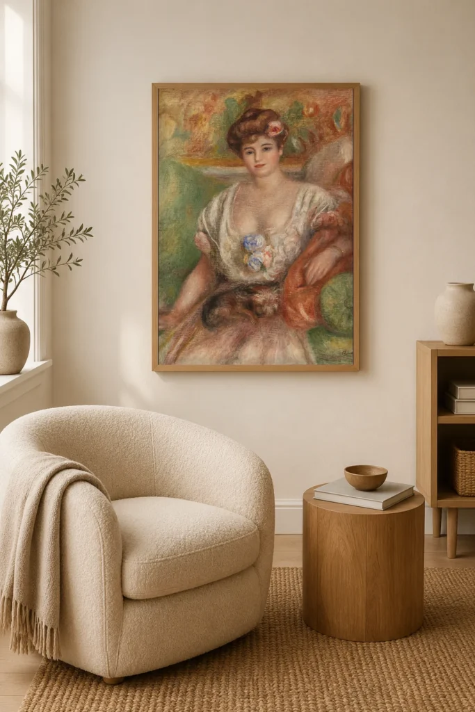 Framed print of Portrait of Misia Sert (Jeune femme au griffon) hanging on a wall in a furnished room