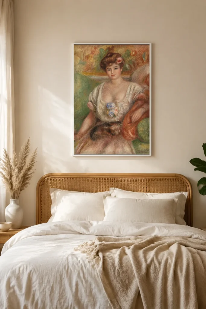 Framed print of Portrait of Misia Sert (Jeune femme au griffon) hanging on a wall in a furnished room