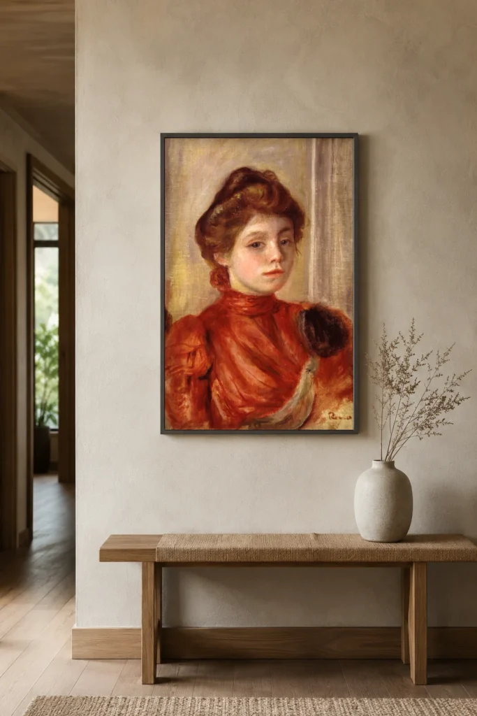 Framed print of Portrait of Mlle Lerolle hanging on a wall in a furnished room