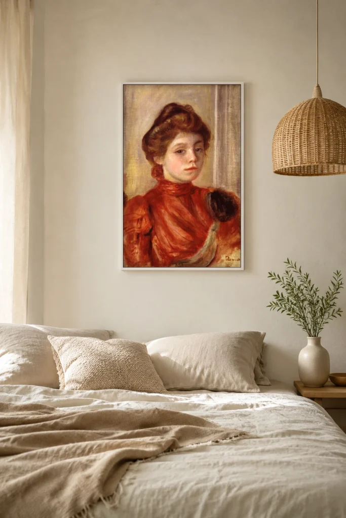 Framed print of Portrait of Mlle Lerolle hanging on a wall in a furnished room
