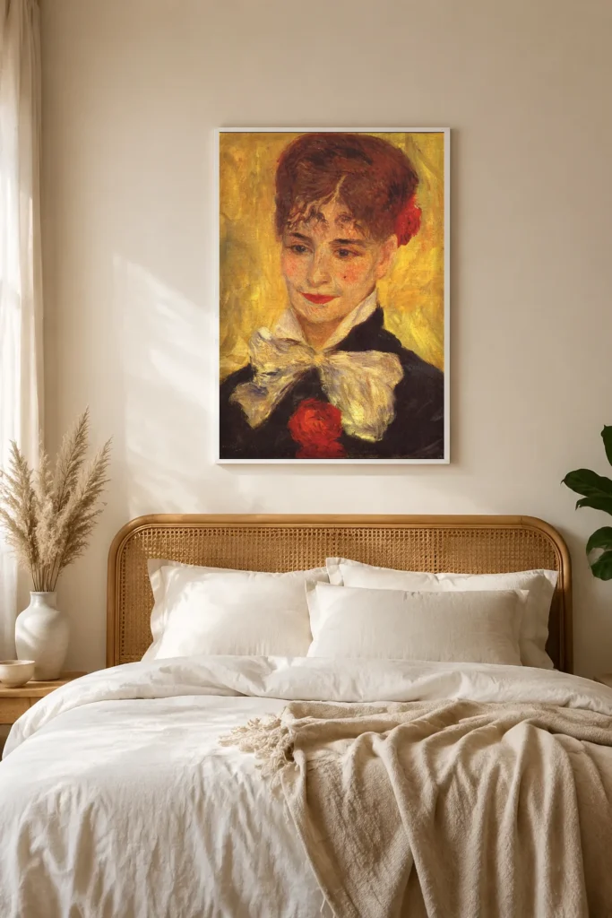 Framed print of Portrait of Mme. Iscovesco hanging on a wall in a furnished room