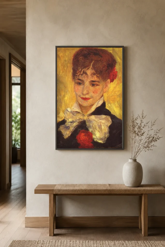 Framed print of Portrait of Mme. Iscovesco hanging on a wall in a furnished room